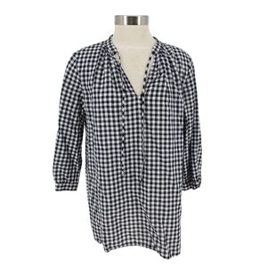 J.CREW Tunic Shirt Linen Black Gingham 3/4 Sleeve V Neck Relaxed Fit Top Medium